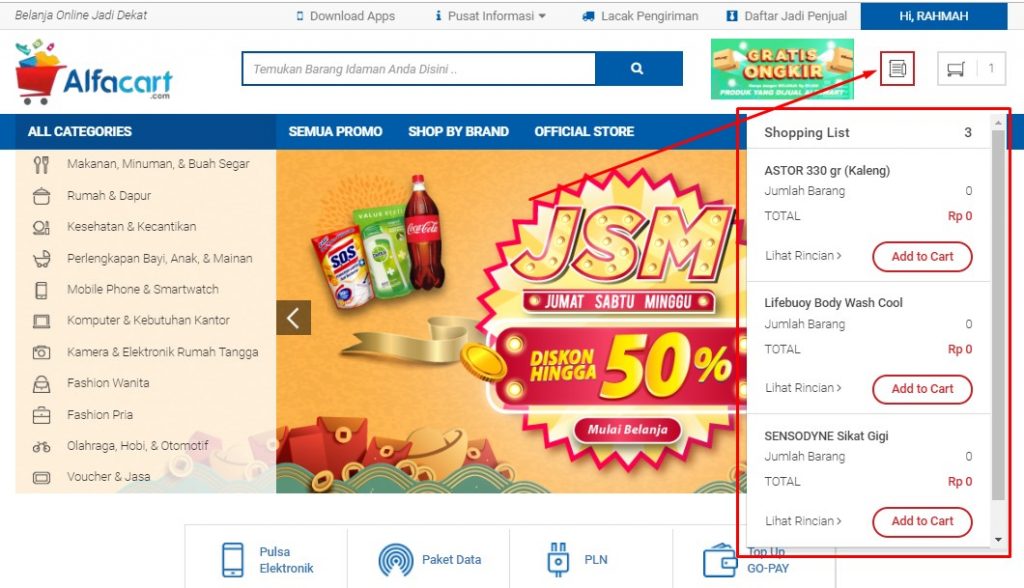 list shopping di alfacart