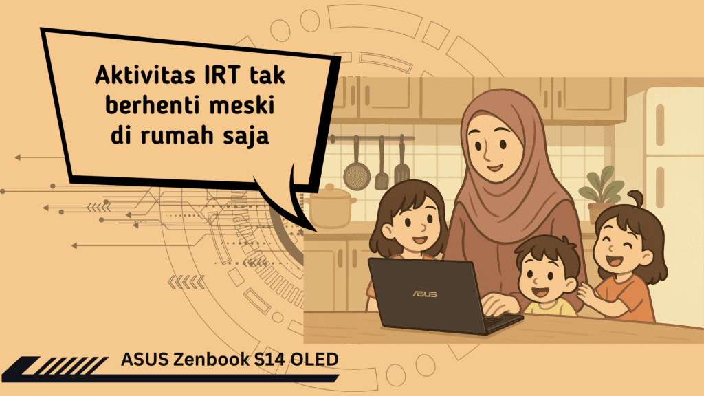 Jadi Ibu Rumah Tangga Berdampak bersama ASUS Zenbook S14 OLED 6 a cartoon of a woman and two children using a laptop ASUS Zenbook S14 OLED
